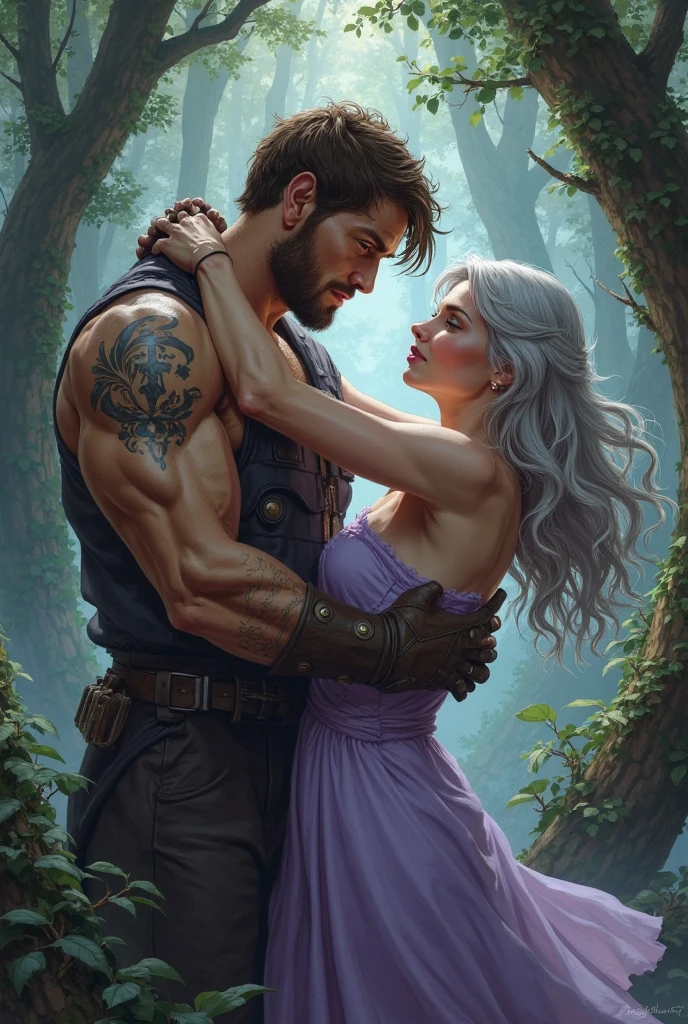 Homem e uma mulher se beijando, homem de cabelo loiro e longo, olhos azuis, peitoral gigante, corpo forte, Corpo com muita veia, armadura de viking, espada gigantesca, Mulher de cabelo curto e preto, olhos verdes, mid chest, sexy, curvas apontadas, Corpo sensual, roupa da pano, medieval setting, imagem HD, Imagem limpa, Imagem 4k, alta resolução, obra prima, manga art
