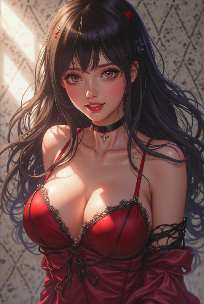 ((masterpiece)),((best quality)),((high detail)),((realistic,)), 1 shy girl, shy expression, elegant makeup, long brown hair, seductive eyes, bright lips, sexy pose, (beautiful detailed face: 1.0), smiling, feminine approach, lace lingerie, red lingerie, big breasts, pointed breasts, (perfect body), prominent nipples, black coordinate, standing and looking at the sky, sunset in the city, tight clothes,