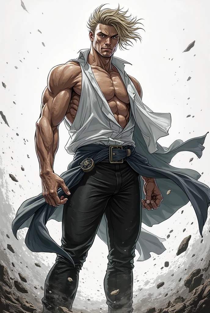 Best quality, masterpiece, ultra high res, detailed background, realistic, 1man, solo, male, muscular, mature male, short hair, topknot, facial hair, standing, open arms, open legs, open pants, colte jins, open mouth, huge smile, expression of fascination, surprised, square, real shadow and light, depth of field, chest, torn underwear, looking at the viewer, sunglasses falling, strong wind in the face