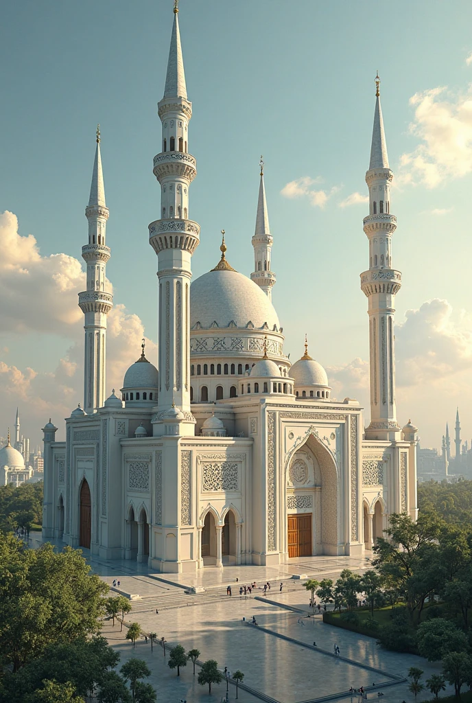 In the Muslim community, a white and yellow mosque stands by the canal. 