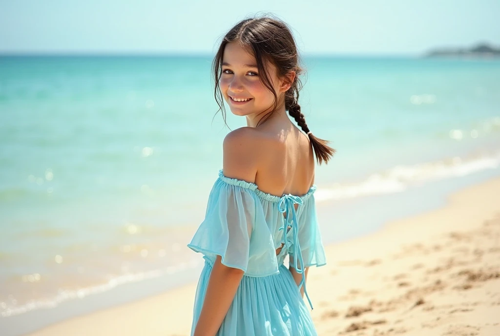 Beautiful European seaside、A 17-year-old girl wearing a white hat and a white dress。The skin is so clear and beautiful that it looks like you're actually looking at it.。Her innocent and pure smile captivates the viewer, her body is healthy, and she wears white pumps.