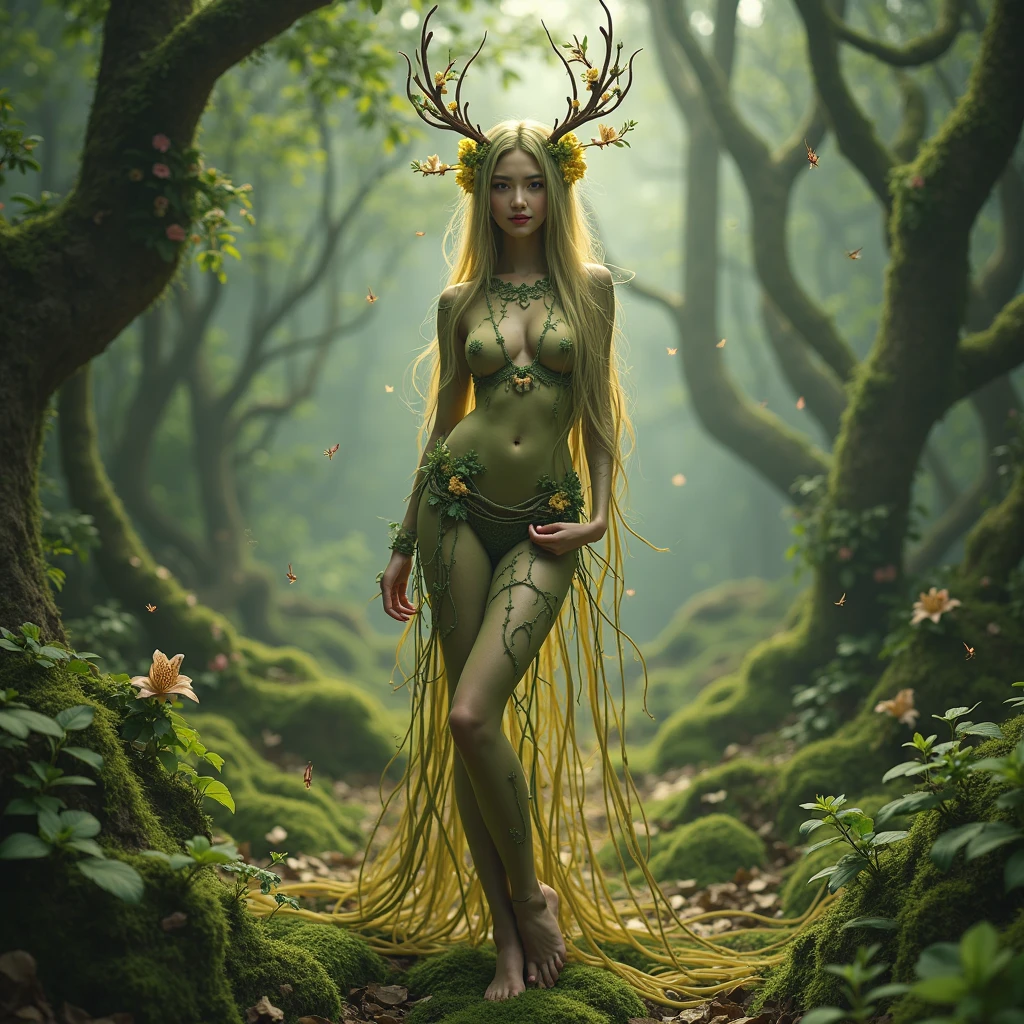 Detailed image of the Dryad, Mythical tree spirits, In the forest at night. Dryad appears as a young teenage girl, ((Blends seamlessly with the natural elements of the forest:1.5)), May have bark-like skin and hair with leaves. The forest is dense and lush, Towering Tree々Full of, Dense undergrowth, Various leaves. Mysterious, Give your environment a natural feel. The image should convey a sense of harmony and serenity..