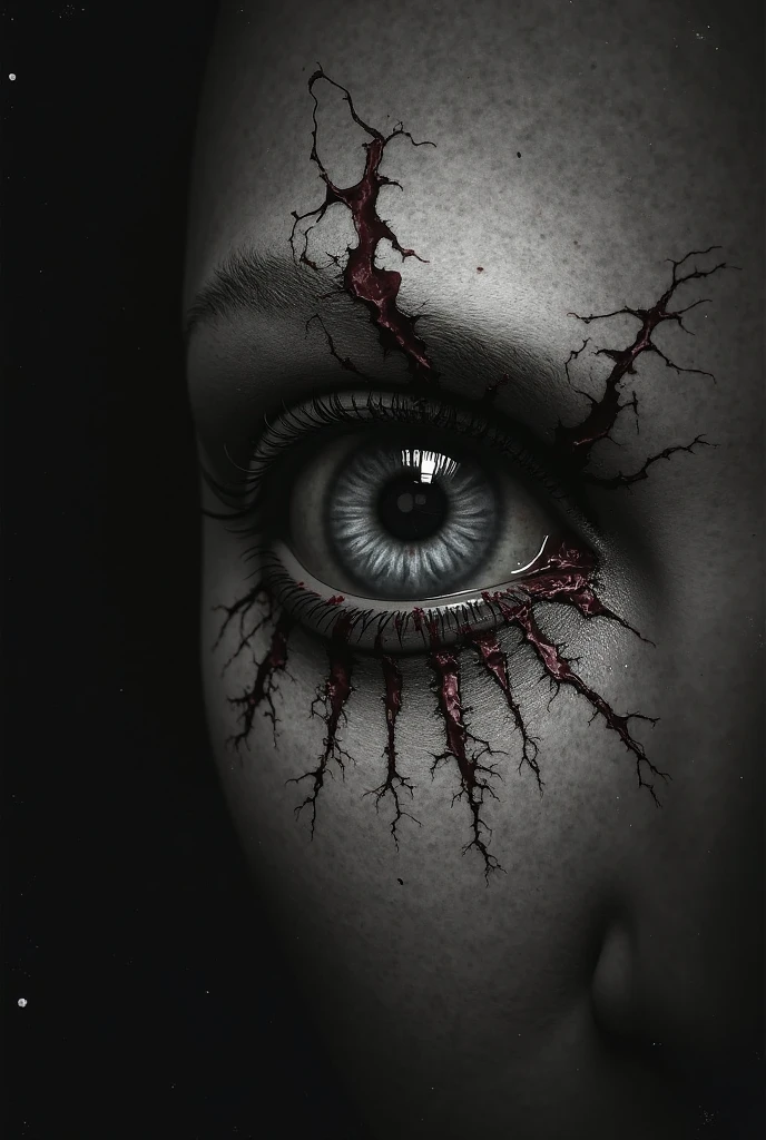 Bloodshot eyes situated in a sea of black midnight