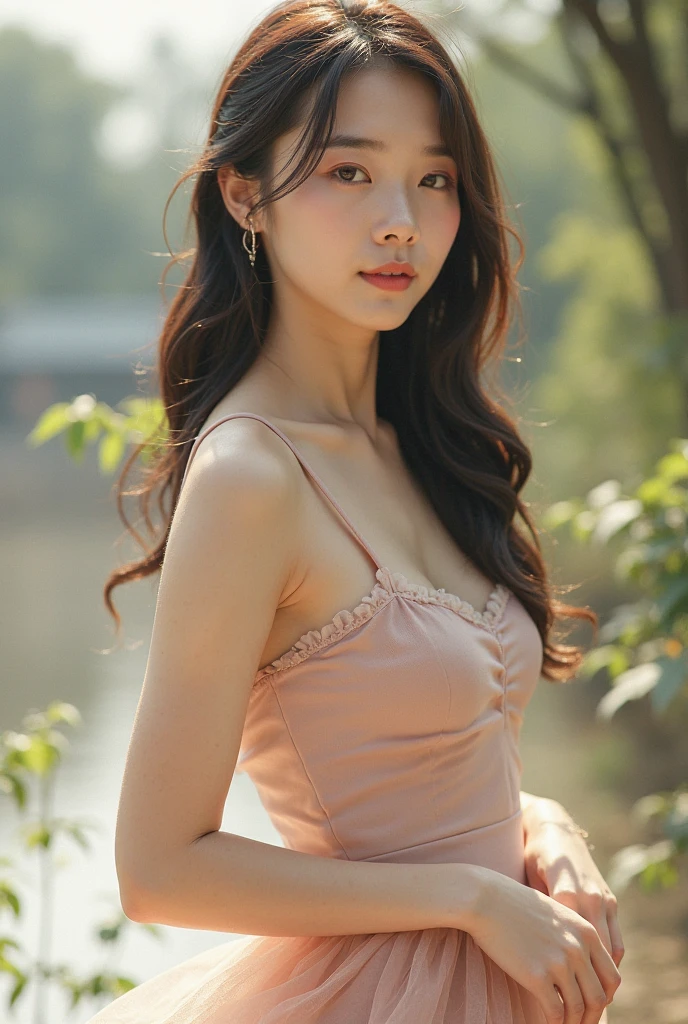 a woman in a pink dress posing for a picture, lovely woman, asian girl, wearing crop top, young and cute girl, beautiful asian girl, in style of lam manh, mai anh tran, asian girl with long hair, dang my linh, beautiful girl model, beautiful model girl, nivanh chanthara, young asian girl, Best picture quality, masterpiece, ultra high resolution, 8k, cleavage, big boobs, bust detail, hair detail, eye detail, sharp eyes, thin smile, professional lighting