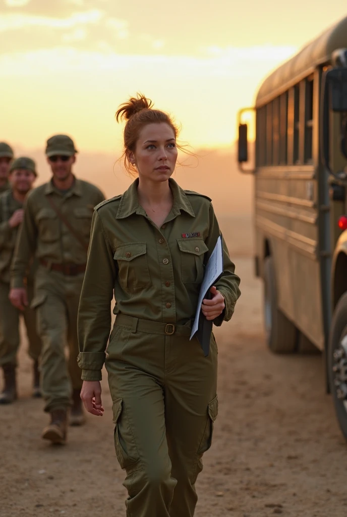 (medium full shot) of (resilient soldier) young woman, tiny build, short ginger hair, russian, light skin, green eyes, wearing a desert tan military shirt, grey utility trousers, body armor, jungle boots, camouflage face paint, body armor, radio handset , wielding a pistol set in a dark desert, with deep shadows, eerie silence, a sense of foreboding , at night, woman smiling, ,Masterpiece,best quality, photo, realistic, very aesthetic, detailed face,