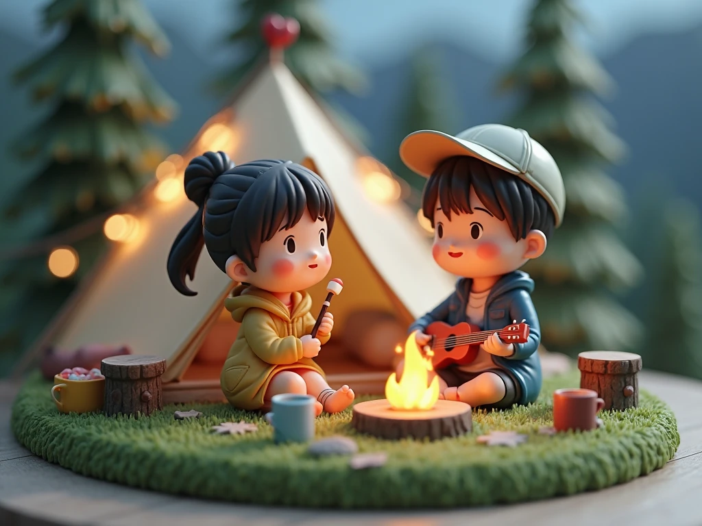 Camping in the campsite in the autumn, a 3D miniature scene of a tent surrounded by pink and white flowers and trees campfires, with children playing. The miniature landscape features a green grassland background, with axis shifting photography effects and ultra clear details. The dreamy fantasy realism style scenes are rendered using wide-angle lenses and depth of field, creating an octagonal paper art illustration style with blurred foreground