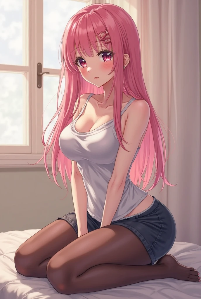 best quality, 32k, RAW photo, incredibly absurdres, extremely detailed, intelligent beauty, amorous and lewd expression, sit, high heels, tattoos, superlative body proportion, BREAK , beautiful shining pink orange hair, hair over one eye