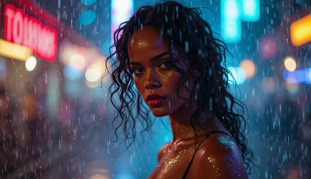 A stunning fashion photograph featuring Rihanna in a rainstorm, capturing her in a full-body view as she gets soaking wet. She is wearing a sheer, white t-shirt that clings to her body, revealing her toned figure. Her hair is wet and clinging to her face, while the raindrops create a hazy effect around her. The background is a blurred, moody scene of rain-soaked city streets, with neon lights reflecting off the wet surfaces.