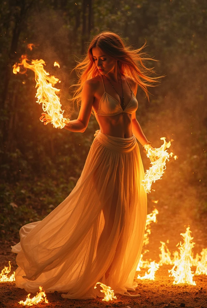 A fire sprite (cute woman, patches of flame dance on her skin, sheer flaming dress very revealing, light red skin, deep red eyes, flame hair), seductive graceful dance, setting woods aflame