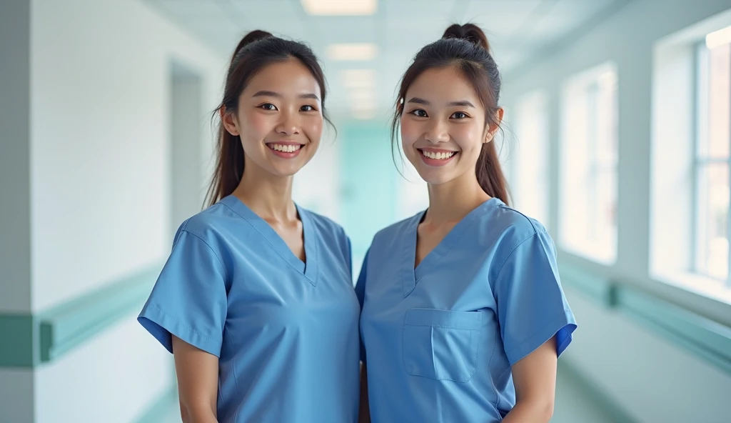 Dental hygienist, only two women　Side by side, smiling, wearing brown medical scrubs　Brown, short sleeves, cute, Japanese, black hair, female, early 20s　Upper body close-up　high resolution　Highest quality　　