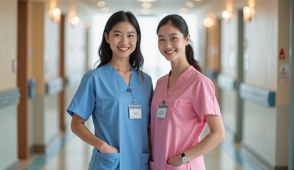 Smiling 4 Indonesian children and 1 medical staff in light blue female medical uniforms. photo. Realistic. masterpiece. Ultra 4k image. super detail. Hospital room.