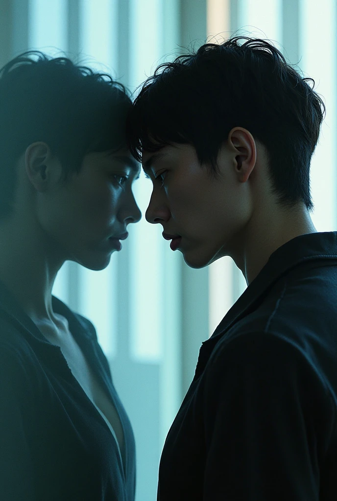 a couple of very skinny heterosexual teenagers, lovers 12 years old, both the same height, a very thin heterosexual teenage boy of 12 years old, with blue and black hair and bangs and a very thin heterosexual teenage girl of 12 years old , with blue and black hair with bangs, both the same height, both very thin, slender bodies. The boy and the girl look at each other face to face, in love and with a super sensual smile, hugging and kissing each other on the mouth. They are completely naked and with black bracelet on the arm. They are in a narrow hallway with metal floor and with walls made of pink neon light.