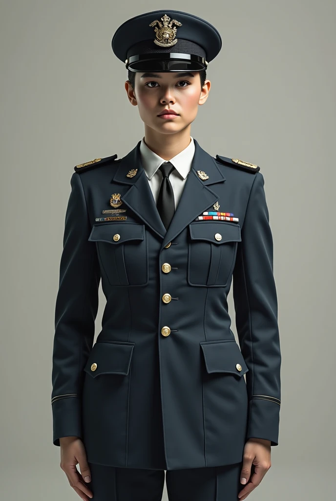 (highest resolution, distinct_image) Best quality, single person, one woman, solo, masterpiece, highly detailed, semi realistic, black short hair, black hair, bangs, 18 years old, mature, light blue military uniform, military uniform, indoor background, gentle, authoritative, powerful, exquisite facial features, exquisite facial features