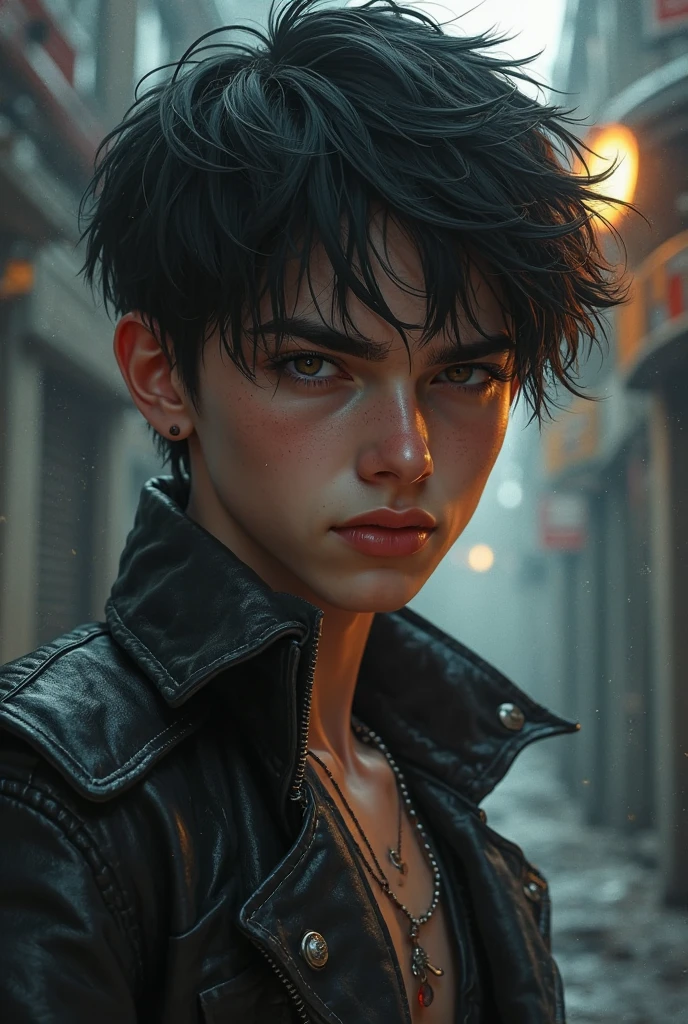 there is a 15-year-old man, with drugs in his hands, in the middle of the city, with drugs everywhere, sad look, sad scene, smooth skin, dark hair, no beard, with drink in hand, smoking cigarette, holding the cigarette with his mouth, cinematic realistic portrait, ultra-realistic concept art, realistic art style, cinematic bust portrait, hyperrealistic conceptual art,  highly realistic concept art, realistic character concept art, photorealistic art style, detailed character portrait, photorealistic concept art, photorealistic dark concept art, character art portrait, photorealistic concept art -
