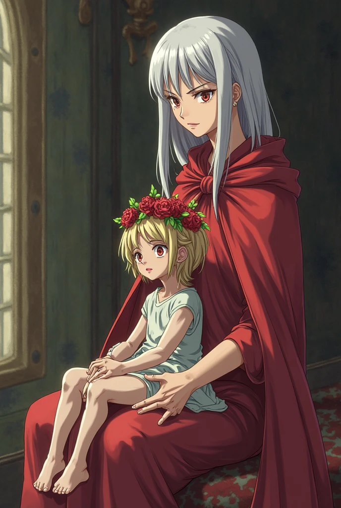 Irisviel,cold silky dress sleeveless,solo,looking at viewer,beautiful smile,arm at side,middle size of breast,beautiful necklace,tall breasts,flowers in air,in beautiful jungle,irisviel,carrying a child