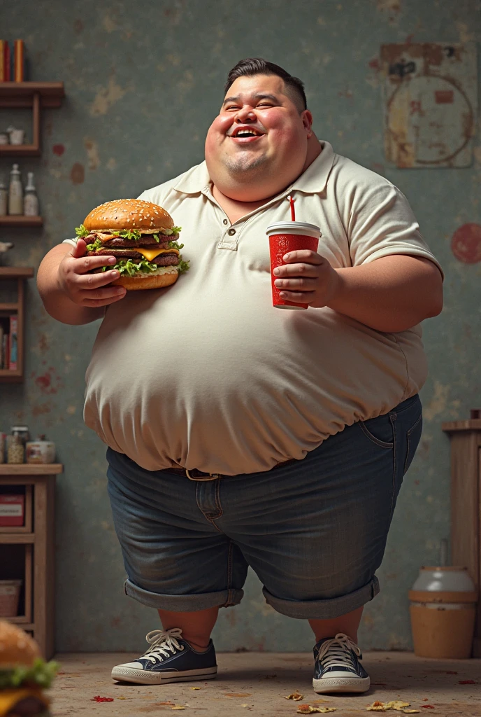 Create a high-quality, vibrant drawing of a funny fat man with a comical face, hungrily eating a hotdog smothered in ketchup. The man should be shirtless, emphasizing his large, round belly. The scene should be fun and colorful, with colorful smoke adding a whimsical touch. The caricature should highlight the man's exaggerated features, joyful and carefree expression, and the messy enjoyment of his meal. Pay close attention to the vibrant colors, the texture of the hotdog and ketchup, and the man's delighted expression. The overall atmosphere should be lively and humorous, creating an entertaining and amusing image.