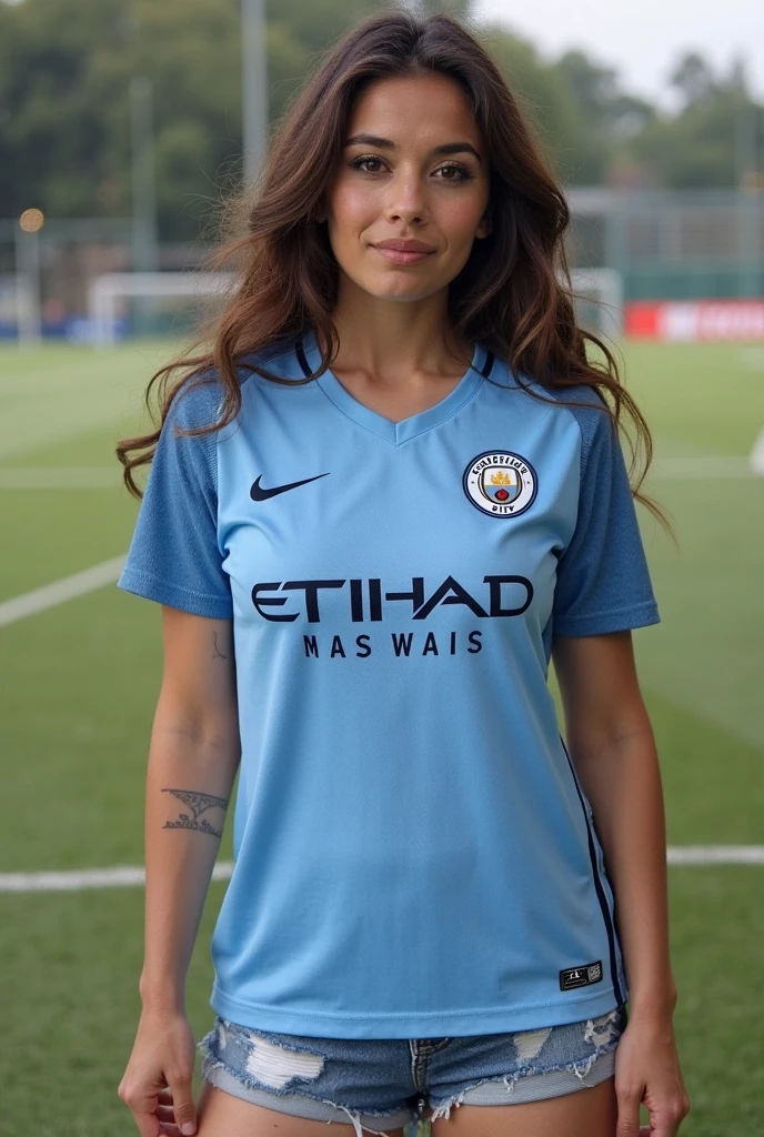 Best-quality, Masterpiece, Ultra-High-Resolution, (Photorealistic), Raw-Photo, (Photorealistic), Raw-Photo, 1girl, 22-years-old, the most popular american-italian-ukranian actress, fitness coach, half body, closeup, wearing a soccer jersey, tucked in, curvy soccer jersey, soccer fan, soccer outfit, sexy soccer outfit, Manchester City Jersey, Sexy Manchester City Jersey, light blue soccer jersey, sky blue soccer jersey, sky blue jersey, light blue jersey, beautiful smile, extremely beautiful face like a most famous swedish-italian-american actress, extremely beautiful big eyes, blue and grey eye colors, beautiful eyes, (extremely beautiful brunette and brown and black long-wavy-haired), extremely beautiful lips, extremely beautiful white skins, extremely beautiful big chest, extremely beautiful body, extremely beautiful face shape, shocked, with hand over mouth, eyes wide open, white background, shocked girl, hand over mouth, reacting, making a shocked face, eyes open, reacting very shocked, stunned face, hand over mouth, confused and shocked, reacting