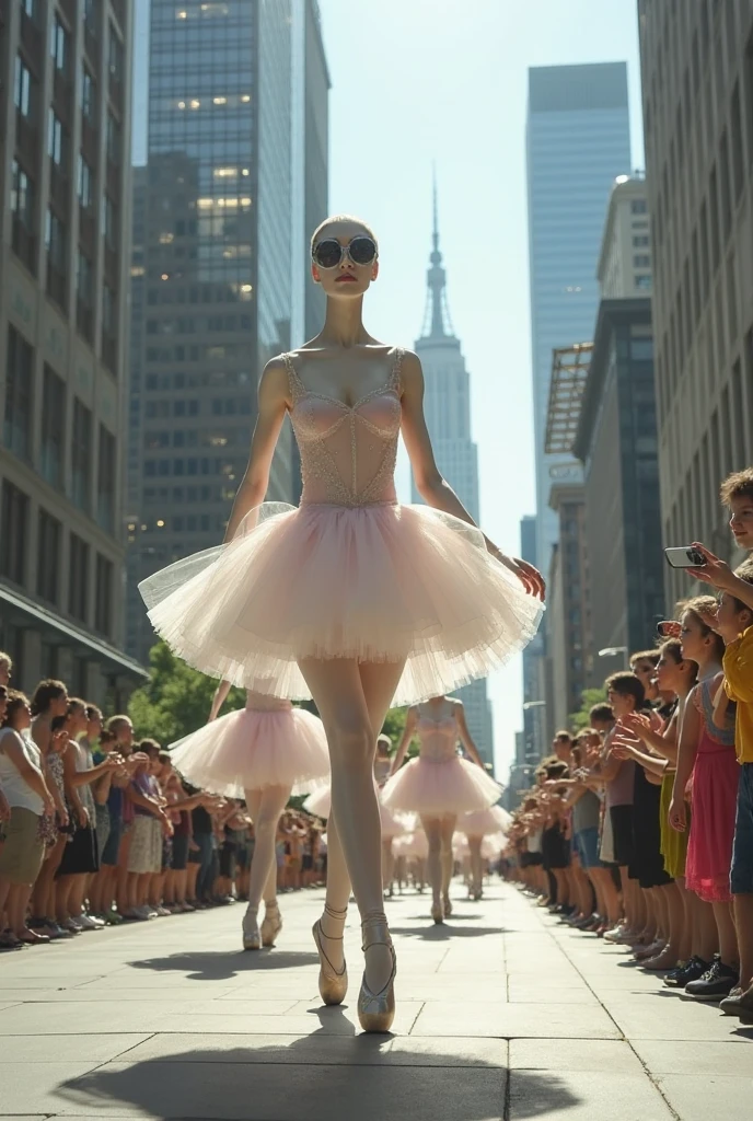 young woman:1,Blonde hair, bright highlighting, green slanted eyes, sharp upturned thin nose, freckles, plump lips, blush, thin chiseled figure), (Best quality, 4k, 8K, a high resolution,masterpiece: 1.2),Super detailed (A ballerina in the center of a big city dances in a tutu and ballerina pointe shoes: dancing in a tutu, in pointe shoes, black swimsuit. She is blonde with green eyes. long skinny legs, big breasts.