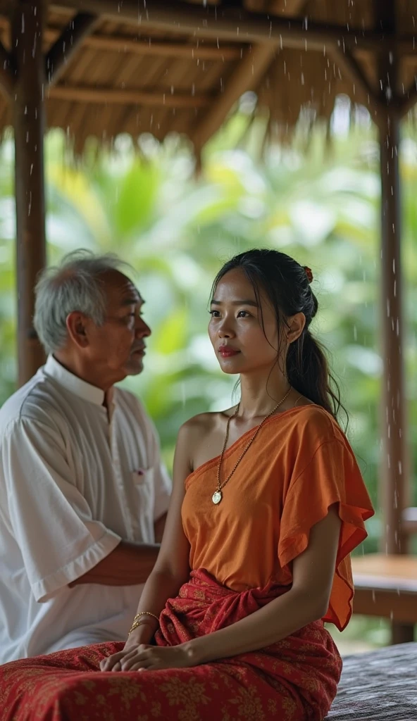 A bald indonesian grandfather, a little white hair on the side, no shirt, yukata pants, sitting in a indonesian-style lounge room.next to him is the grandpa's grandson, a beautiful 25-year-old indonesian girl, wearing a read versece top, smiling.indonesian-style lounge room background.realistic.ultraHD