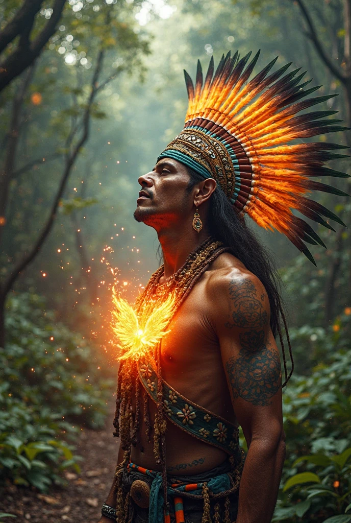 Chris Evans with a goatee, shaman dress with loincloth, shirtless, muscular and with an American Indian-style feather headdress on his head, He wears several feather necklaces with stones with his eyes closed and sitting in the shape of a lotus flower, In front there is a bonfire and in the smoke that rises the wolf is formed, leopard, eagle, bear and bison.