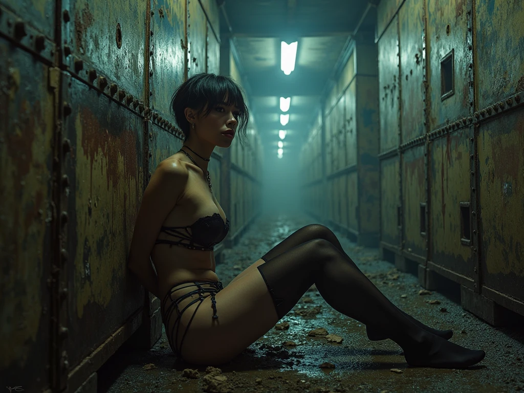 (Best Quality,hight resolution,Masterpiece, half body shot:1.2),Ultra-detailed,woman dressed in black high waisted thong and fishnet stockings,sickly,standing in a dark creepy farm, she's wearing a very high waisted g string thong, dark foggy southern farm, black thong and fishnet stockings, southern gothic, creepy farm at night, perfect body, sensual pose,full body shot, foggy farm at twilight, centered subject,gloomy ecstasy,fetish,dark gloomy atmosphere, creepy atmosphere, gritty texture,Retro-atmosphere,warped reality,melancholic expression on his face,mysterious aura,foggy atmosphere,foggy background,Subtle color palette,provocative pose,Strong emotions,Coming Out of the Depths of Despair,Piercing gaze,intense shadows,Plunged in Darkness,dark industrial aesthetic,ominous vibe,A supernatural sensation,Loss of Place in Time and Space,Eerie silence.asymmetrical bangs, freckles, black short hair, Bangs, freckles, gray eyes,