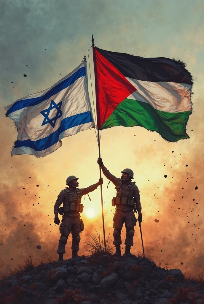 a man holding Palestine_flag with birds flying around,<lora:PalestineFlag03-000008:1>,