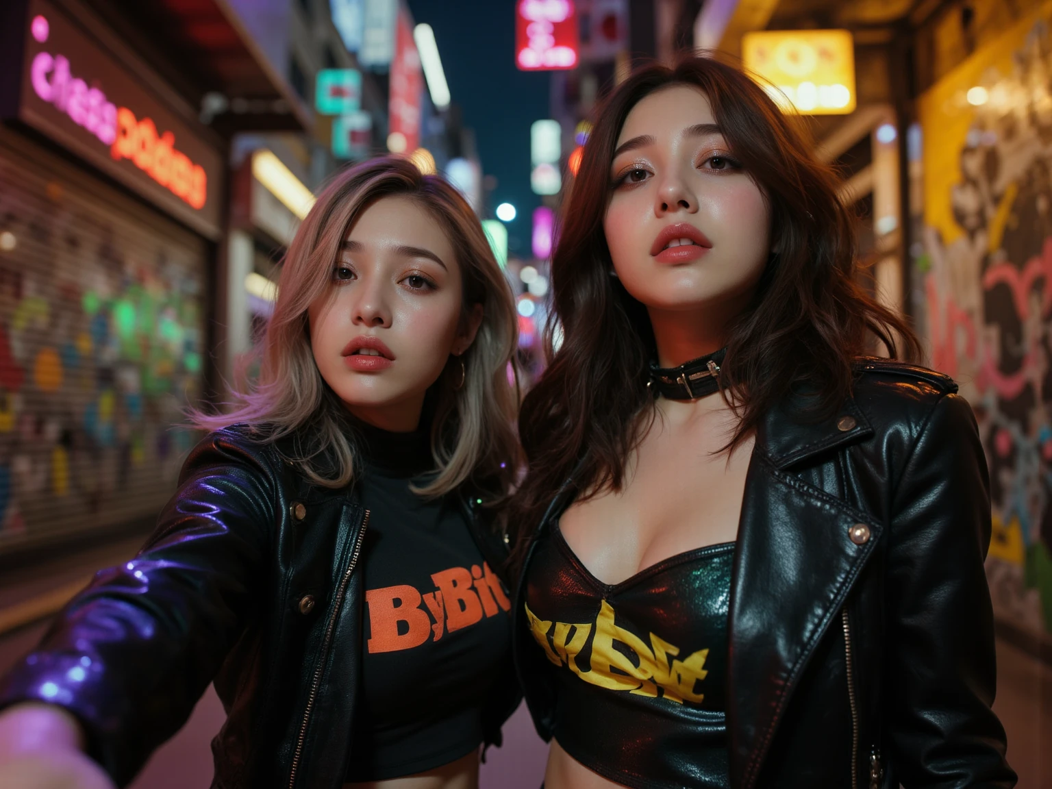 masterpiece, best quality, 2 confident cyberpunk girls, Harajuku-inspired cyberpunk outfit, bold colors and patterns, eye-catching accessories, trendy and innovative hairstyle, vibrant makeup, Cyberpunk dazzling cityscape, skyscrapers, neon signs, LED lights, bright and vivid color scheme, anime, illustration, detailed skin texture, detailed cloth texture, beautiful detailed face, intricate details, ultra detailed.
