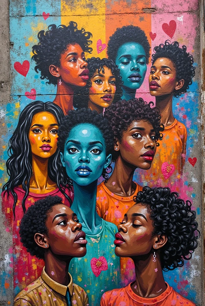 Illustrate a realist piece that portrays the gender spectrum for lgbtq black love, capturing their resilience, courage, and self-discovery as they navigate and embrace their true selves. using the brushstrokes technique. breaking free from traditional gender norms , separate the images, and musculine feminine, fluid gender