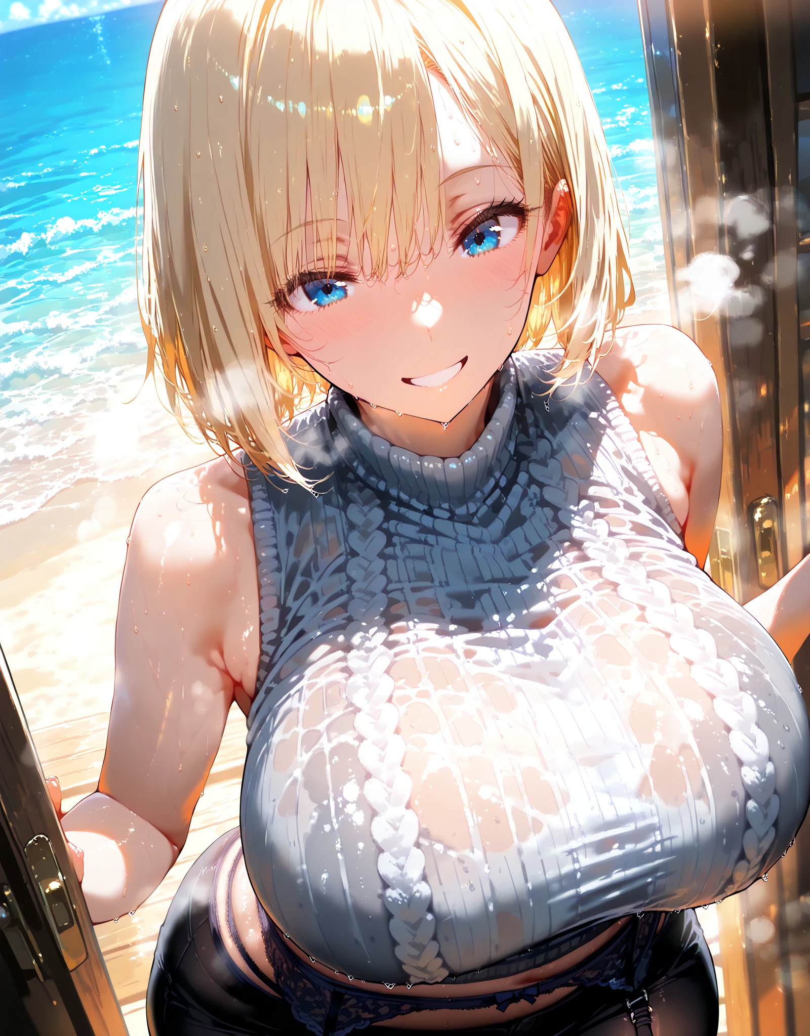 Girl、Bob Hair、Blonde、Metallic blue eyes、(((Big Breasts、Huge breasts)))、Blue bikini with little fabric、Metallic costumes、smile、Futuristic parts、Gauntlet、blue sea、Sandy Beach、Bunny ears headband、pose、Upper Body、