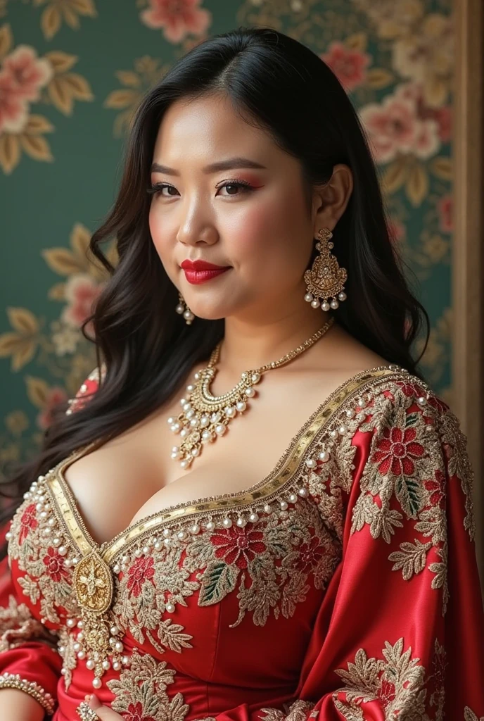 GEISHA ,CHUBBY, BBW, photo vintage, visage feminin parfait, BLACKHAIR , tache de rousseur, 1788, big huge breasts : 68H, rear VIEW, Rembrandt LIGHT , EXTREME LONG V-NECK, BIG CLEAVAGE, BEAUTIFUL EYES, BEAUTIFUL HANDS, LIGHT SMILES, PERFECT FACE, tres long décolleté , NECKLACE, RING, JEWELERY RICH, SFW, FULL BODY, COLORFUL, SEXY ROYAL LINGERIE, 