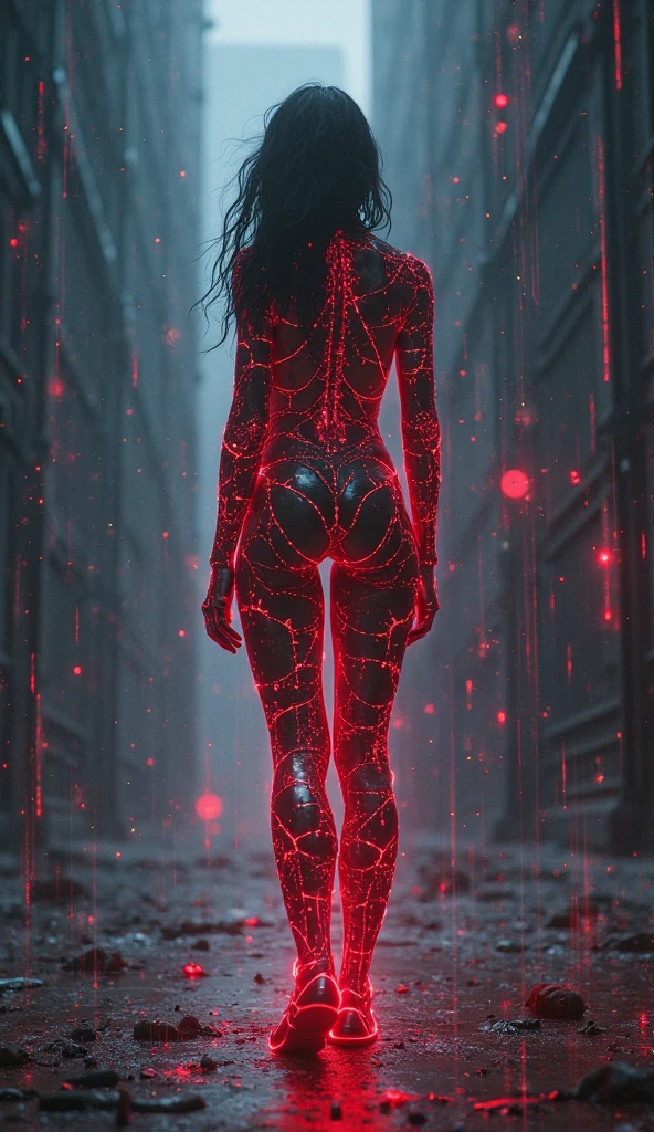 Woman with transparent robotic body with exoskeleton with medium bust and big butt, realistic at night raining on top of a building 
