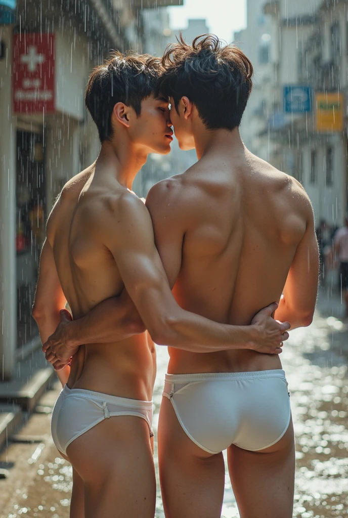 Two boys hugging，in the street, under the heavy rain，Raised sexy, wear thong underwear, show abs, topless,