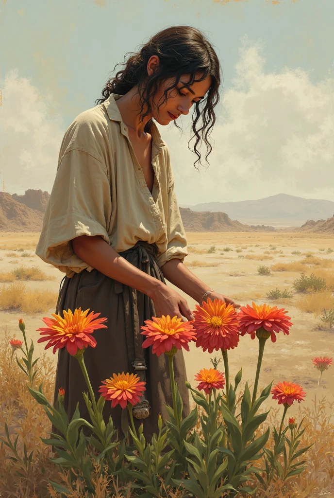 alone in the universe, in watercolor style, Photorealism, discreet golden and ruby and mint shades, (nude) gentle modest thin girl 16 years old (with a very beautiful exquisite face) southern type with short dark hair with beautiful breasts with tender nipples (barefoot) in a long orange skirt walking in the distance (Across the desert), stunted little plants, drought, precious jewelry on the neck and chest and on the wrists, precious bracelets, ankle bracelets, ((vintage brown clay jug with wine))