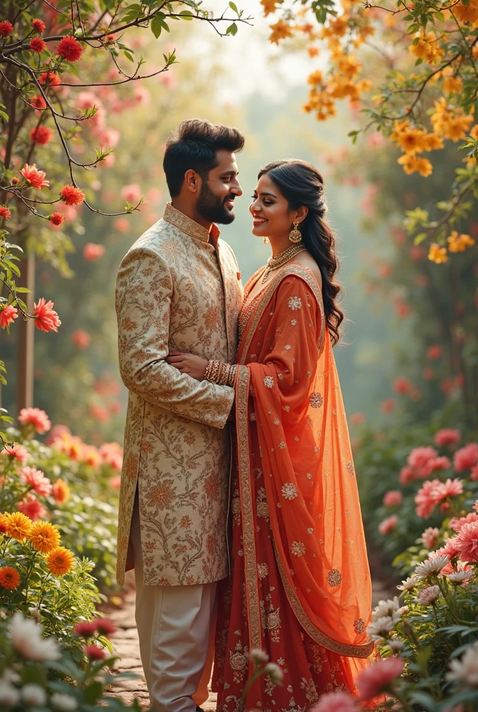 A 21 year old Indian girl she is wearing red colour suit salwar and she is going towards the garden and behind her she also has boyfriend when I am going hand in pocket and the girl is a little bit shy And she has boyfriend behind her too.hd realistic art image