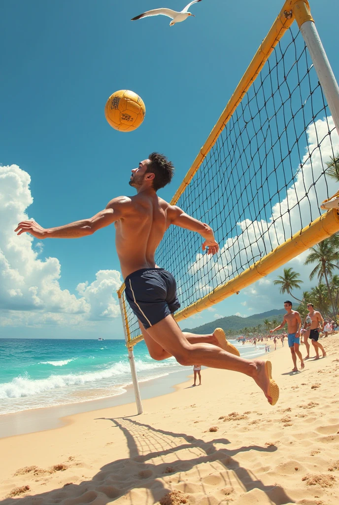 A high-quality, professional DSLR photo capturing a dynamic footvolley match taking place at night, with the players' movements frozen in time as they leap and stretch for the ball. The sand court is bathed in soft, ambient lighting from overhead floodlights, casting long shadows that enhance the action with exceptional clarity and detail.