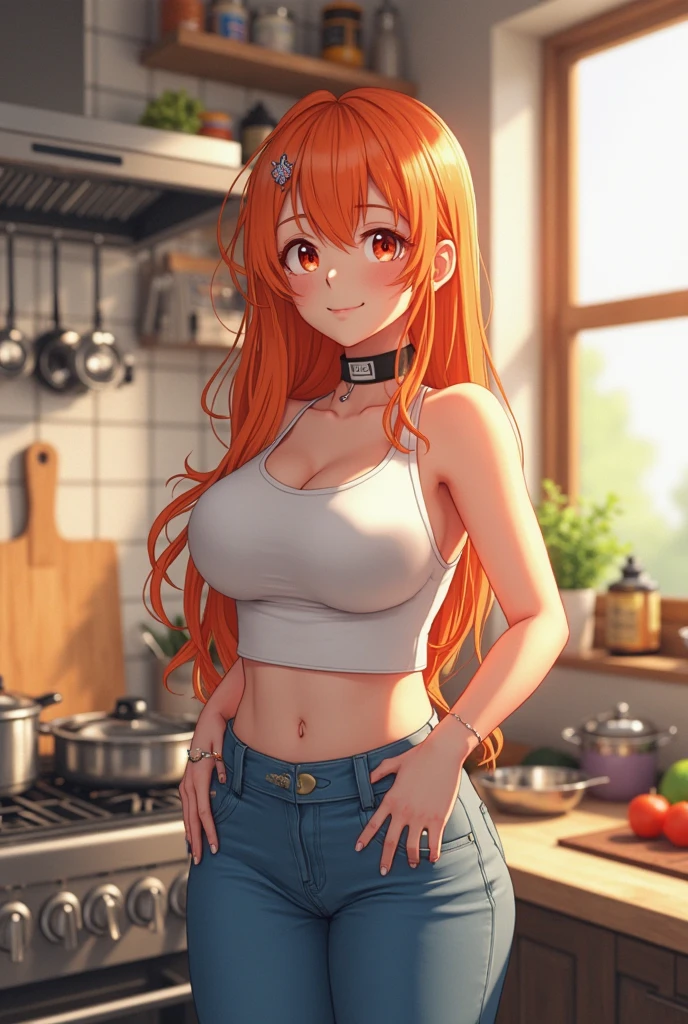 White tanktop, female, ginger hair, messy shirt, tight jean shorts,1girl, Solo, Looking at viewer, Breasts, Braid, standing, in kitchen