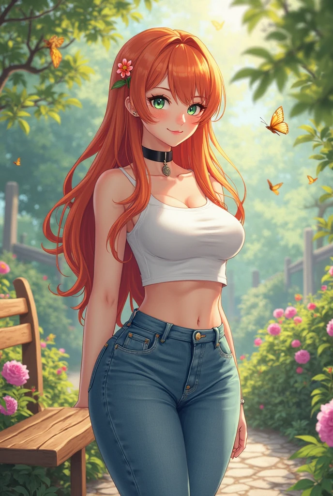 (masterpiece, best quality), best resolution, (2heads:1.5), realisticlying、女の子 1 人、Red-haired, heads side-by-side equally on chest, verd s eyes, radiant eyes, croptop, skinny pants, Parted lips, red blush, natta, florals, suns, sunlights