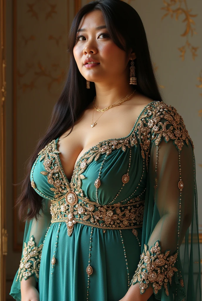 queen chubby, photo vintage, visage feminin parfait, , tache de rousseur, 1888, big huge breasts size : 48k ,FRONT VIEW, Rembrandt LIGHT , EXTREME LONG V-NECK, VERY BIG CLEAVAGE, VERY ENORMOUS TITS, BEAUTIFUL EYES, BEAUTIFUL HANDS, LIGHT SMILES, PERFECT FACE, tres long décolleté, CASTLE BACKGROUND, QUEEN, NECKLACE, RING, JEWELERY RICH, SFW, FULL BODY, COLORFUL, japanese bbw, ROYAL lingerie,