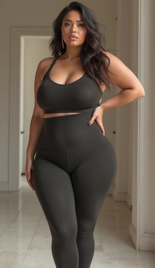 Sexy chubby woman with straight hair wearing leggings
