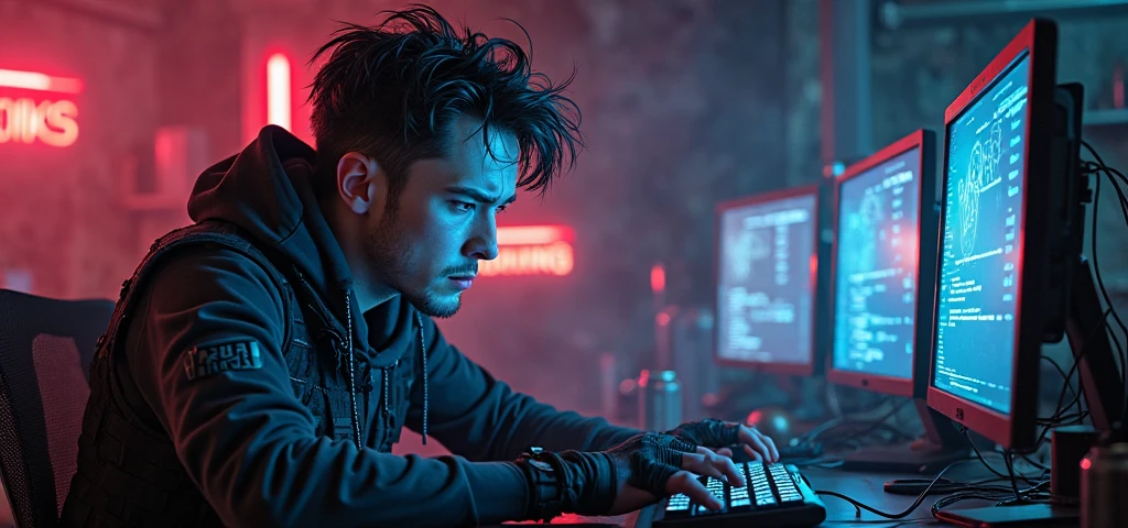 demon boy producing a song on a computer, big futuristic monitor, neon room, smoking a cigarette, vampire, all in black, black clothes, red eyes, trap producer, city view from window --auto --s2