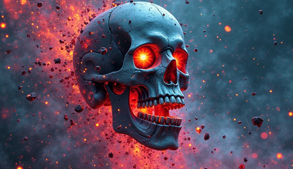 create an image of a full-length skull in the style of the band iron maiden, the image must contain iconic elements in the band's style, such as dark and intense details to give a tone of mystery and intensity. The background must be a destroyed city with a post-apocalyptic tone with destroyed buildings catching fire and blue rays falling from the sky.