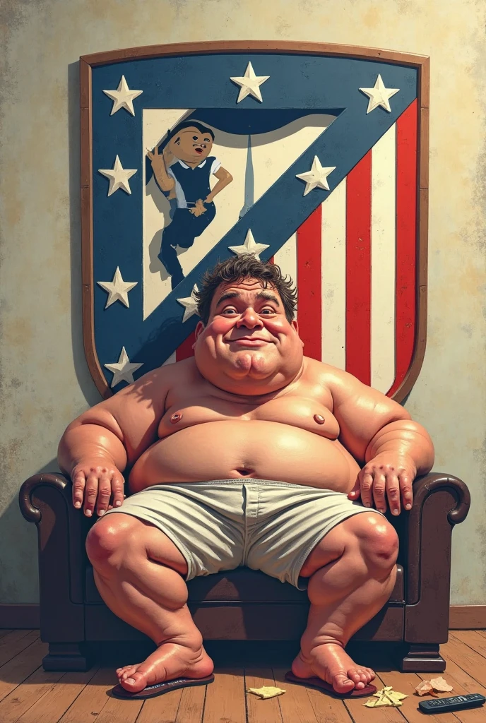 He is a superhero, an adult man with a cape and the colors of Spain with a very effeminate tutu, comic type, short black hair and beard, fat with a big belly, disheveled appearance, he changes clothes in a telephone booth very clumsily. typical English. spanish flag color suit (art inspired in Bill Sienkiewicz). oil painting) 