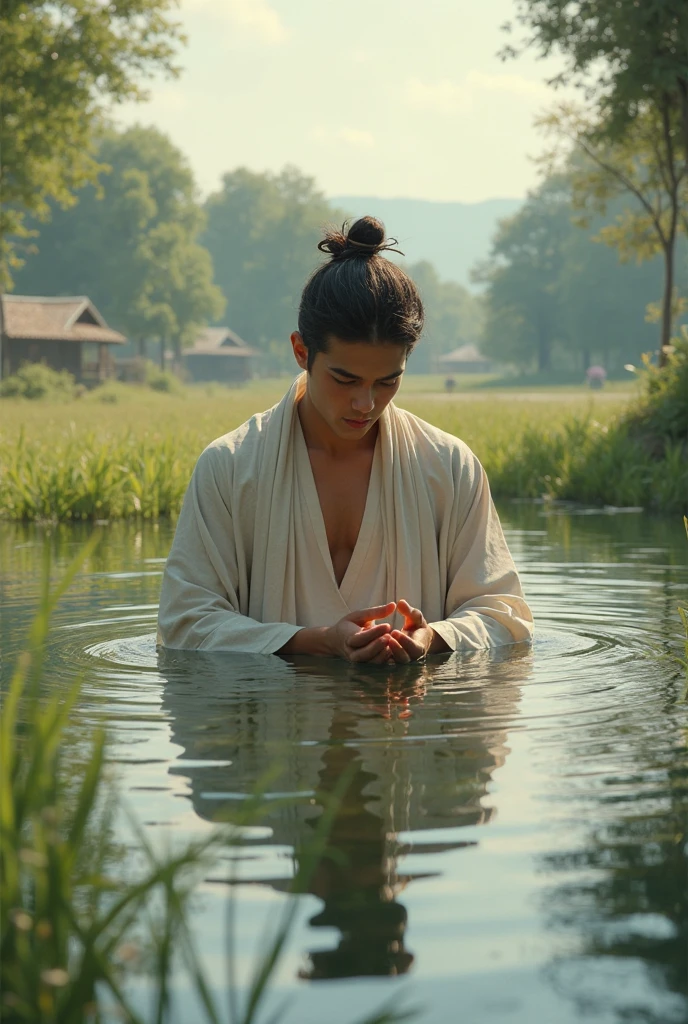 full lenght hiper 4k Imagine it's a movie poster. In the Night Wind, full length, handsome young man, 25 years old, long black hair tied halfway down, wearing a white and gold loincloth. He bends down and picks up a jasmine flower in his hand that's on a rock. The fragrance of the flower, of the waterfall and the mountain, the shimmering light. Three-dimensional image, oil painting, sharp image. Art image of Ajarn Chalermchai.