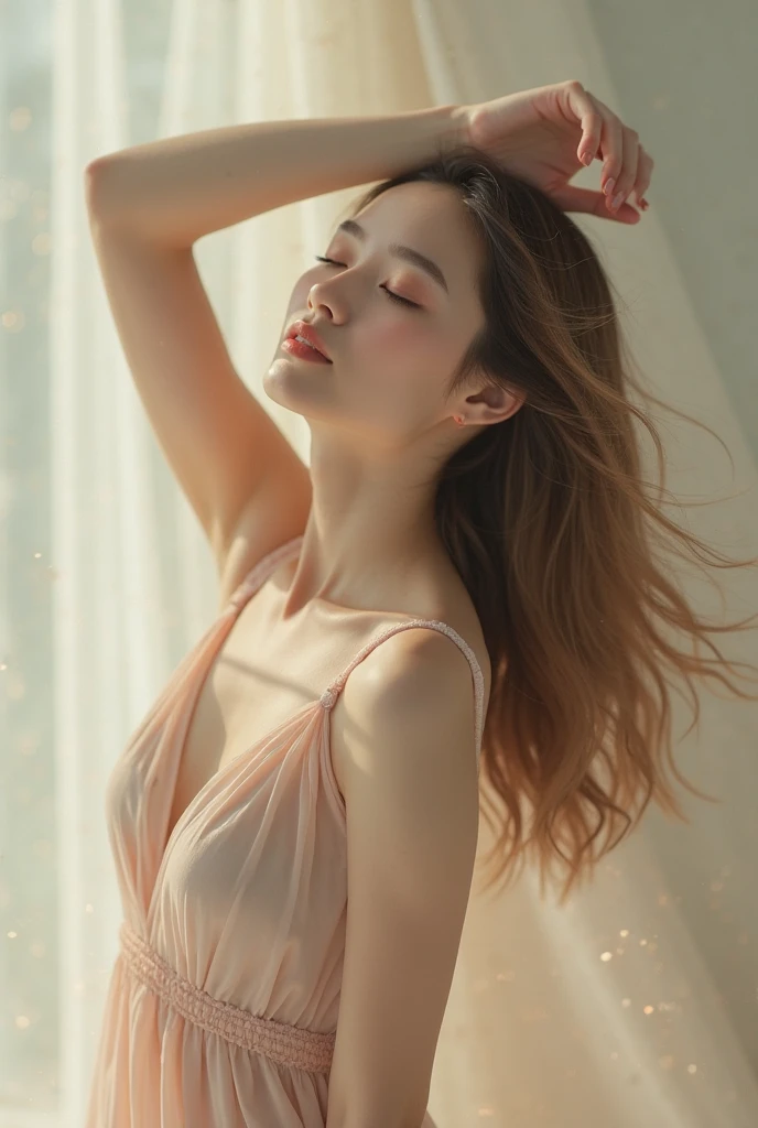 (NSFW),(RAW photo, Best quality), (Realistic, photo-realistic:1.2),High quality, (highdetailskin:1.4), 1girll，little breast,Lie down in bed,dressed evening dress,Closed eyes，Enjoy，Blush