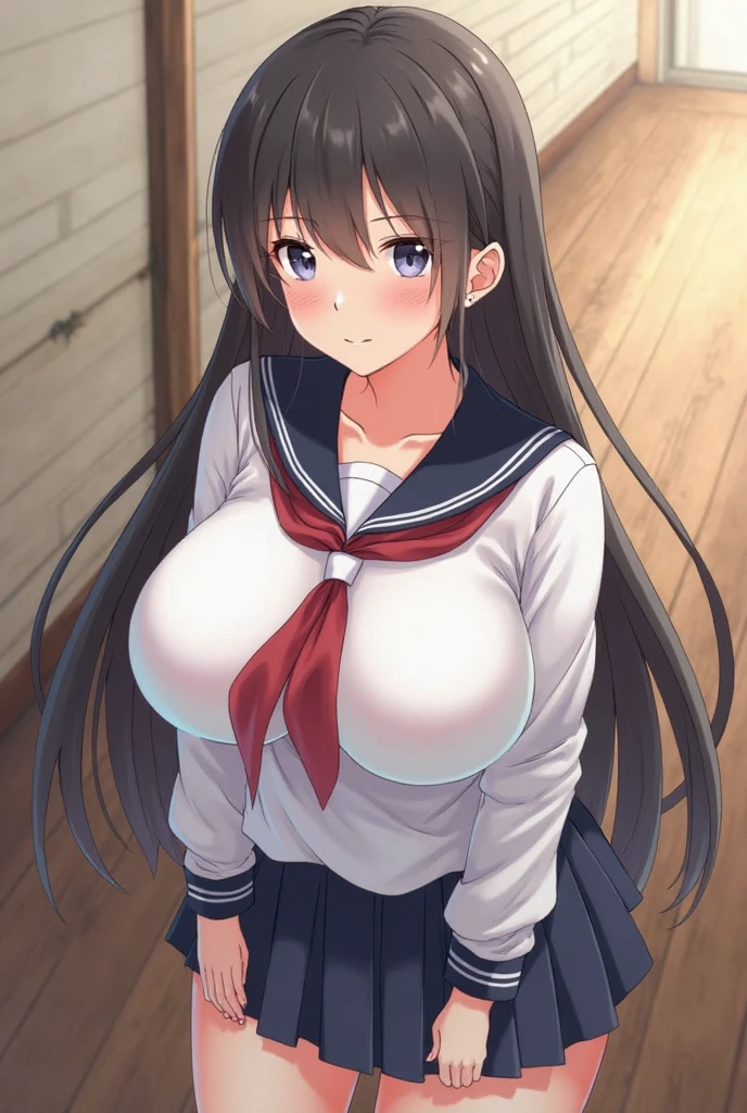 (masterpiece:1.2, top-quality, ultra high res, ultra detailed), (realistic, photorealistic:1.2), beautiful illustration, perfect lighting, natural lighting, colorful, depth of fields, nsfw, vulgality,
beautiful detailed hair, extremely detailed face, beautiful detailed eyes, beautiful clavicle, beautiful body, beautiful chest, beautiful thigh, beautiful legs, beautiful fingers,
looking at viewer, (from above), 1 girl, kitamurakaori, (perfect anatomy, anatomically correct, super detailed skin), cute and symmetrical face,
perfect face, perfect eyes, perfect body, perfect fingers, (skindentation), white skin, shiny skin,
(long hair, straight hair, messy hair:0.6, black hair), swept bangs, blue eyes, drooping eyes, long eyelashes, (large breasts, large hip, seductive thighs), slender, outstanding style,
(detailed cloth texture), short sleeve, blue sailor suit, pleated skirt, red sailor scarf, black socks, school bug,
(beautiful scenery), evening, (cityscape), squatting, (docile, parted lips),