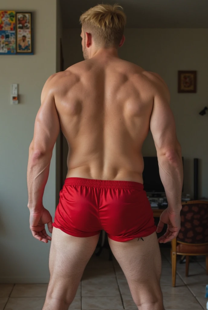 Japanese men、15 years old、Well-developed muscles and smooth skin、Spiky red hair、Boxer briefs、Fearless smile、Masculine pose、You can see the whole body from head to toe、Hero Academy