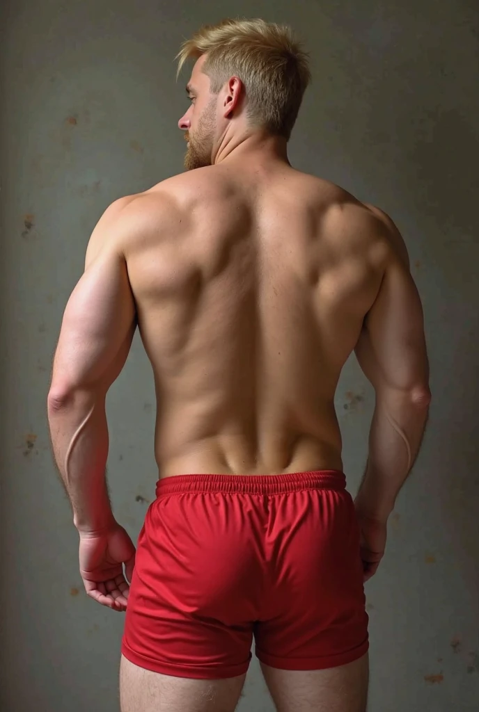 muscular man, stubble, scruffy, broad shoulders, face detailed,  wearing red commandforce, full body, muscular body, big butt, red short,  backside