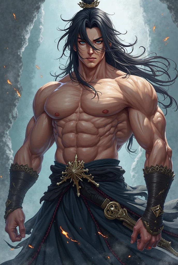God Shiva, handsome, blue skin, eyes closed, short beard, meditating, sitting with folded legs, hands on thighs, on mount Kailash, tigerskin draped around his torse, slight smile, robust, sinewy muscles, long hair coiled in a bun on top, snowcapped mountains in the background, front view, full body, graceful, realistic, light effects, by Boris Vallejo, Frank frazetta, Louis royo