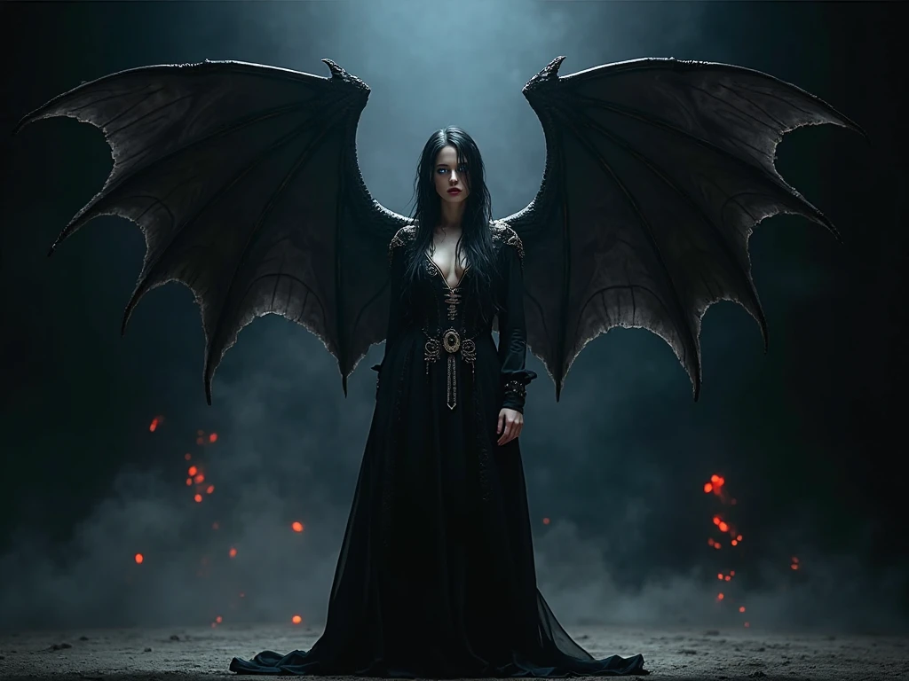 Vampire, female, long dark hair, pasty pale ghastly skin, red eyes, vampire fans, very long canine teeth becoming fangs, elegant flowing renaissance era black dress, Romanian, dark castle, nighttime, moonlight, dimly lit, horror, threatening to bite you, bearing her fangs, huge leathery bat wings, close, very close