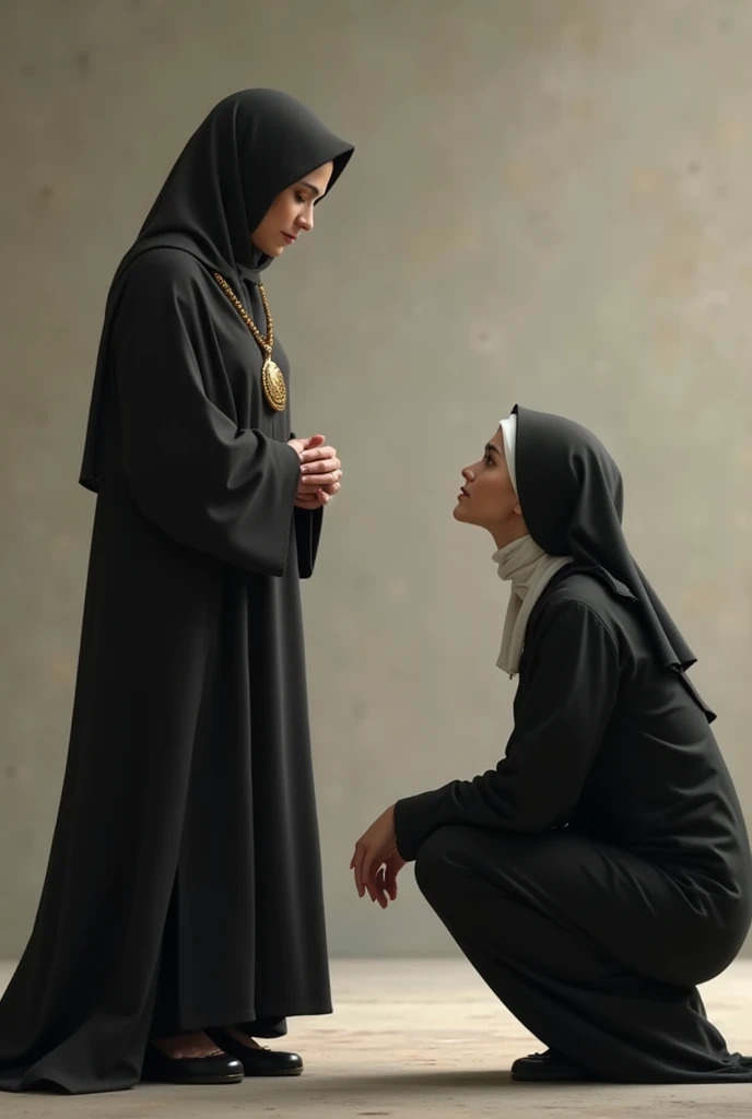 (Photorealism:1.2), one person,Women, Muslim, bow down in shame, at the right end of the frame,
At the left end of the frame, one person,Women. Muslim, have no shame